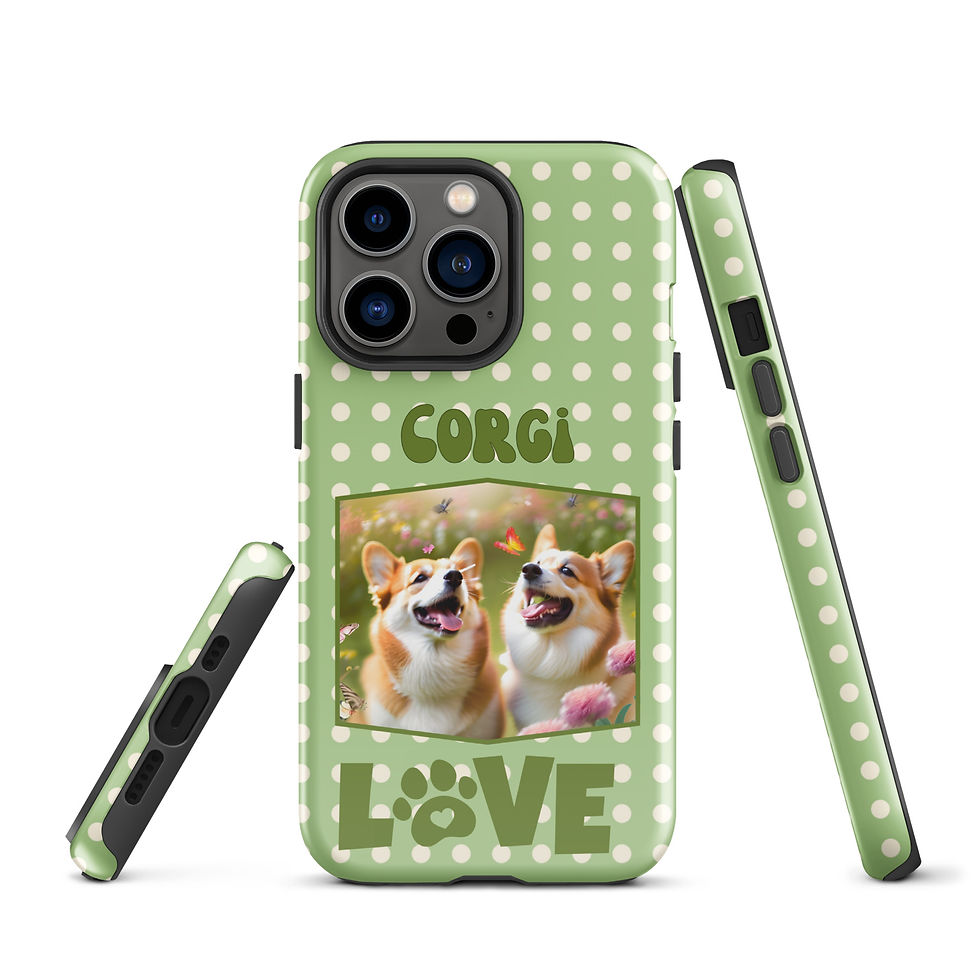 Thumbnail: Tough Case for iPhone® Corgie Love with Green Polka Dot Background
