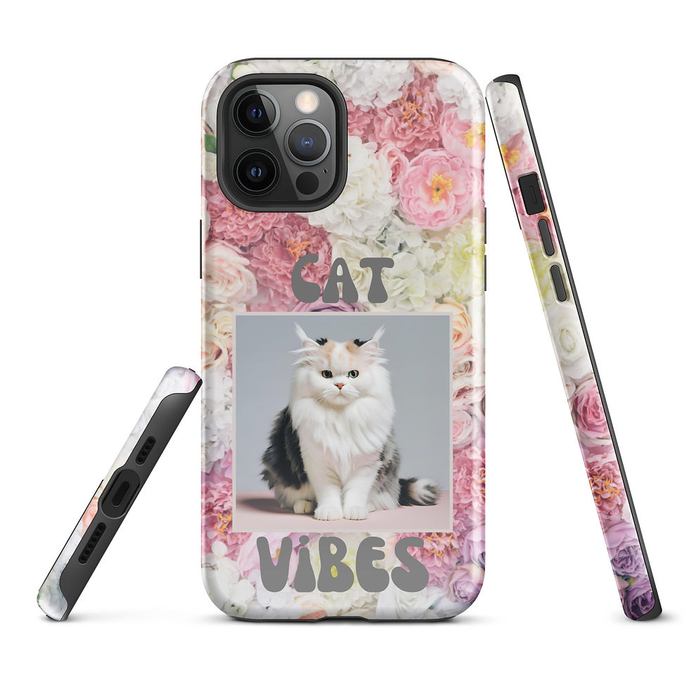 Thumbnail: Tough Case for iPhone® Cat Vibes Multicolor Cat w/ Retro Paper Flower Background