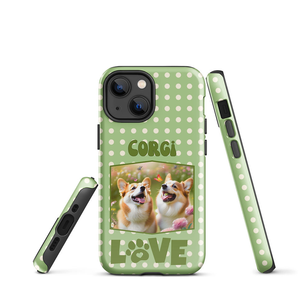 Thumbnail: Tough Case for iPhone® Corgie Love with Green Polka Dot Background