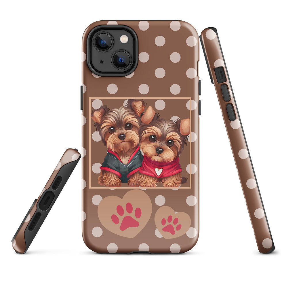 Thumbnail: Tough Case for iPhone® Yorkie Puppies with Brown Polka Dot Background