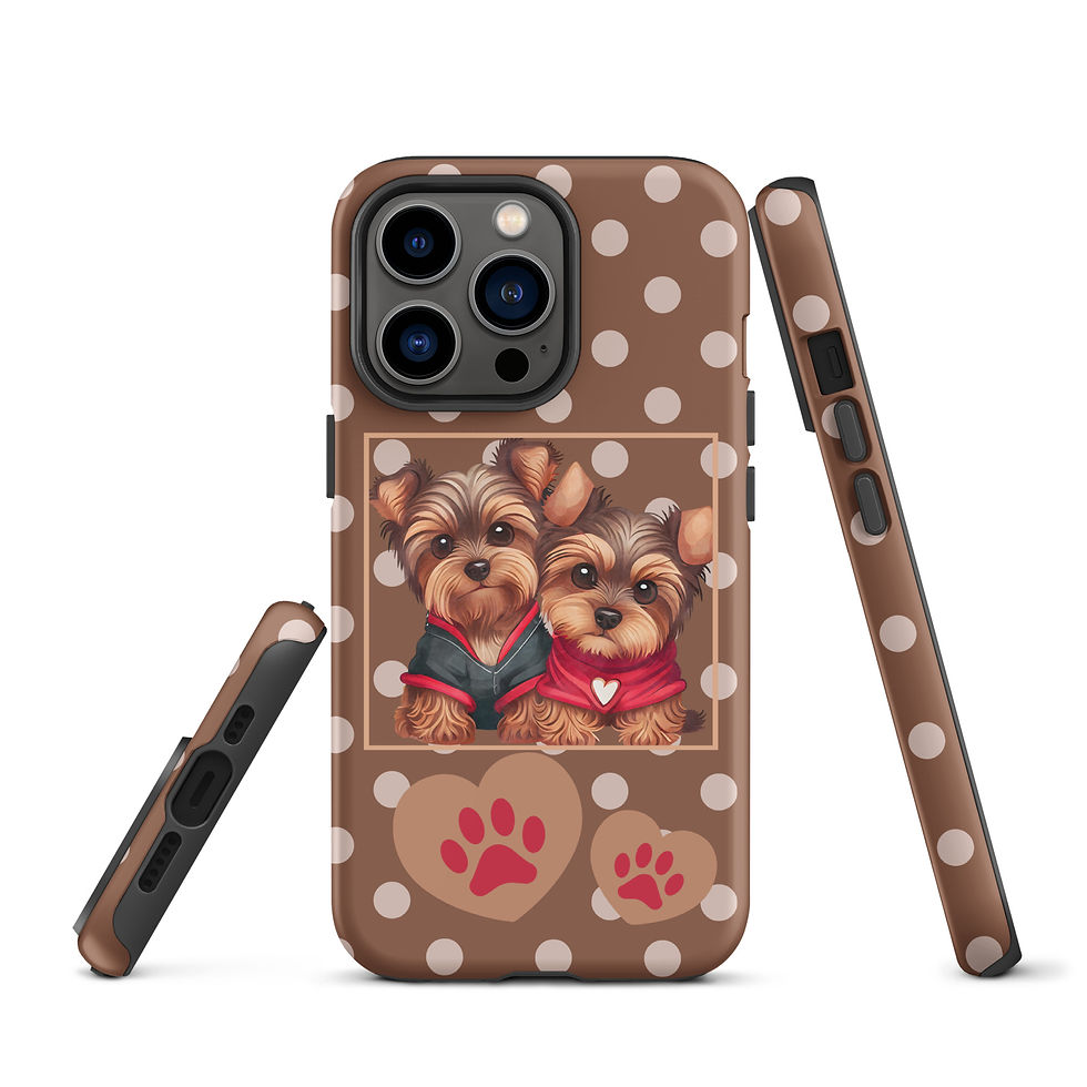 Thumbnail: Tough Case for iPhone® Yorkie Puppies with Brown Polka Dot Background