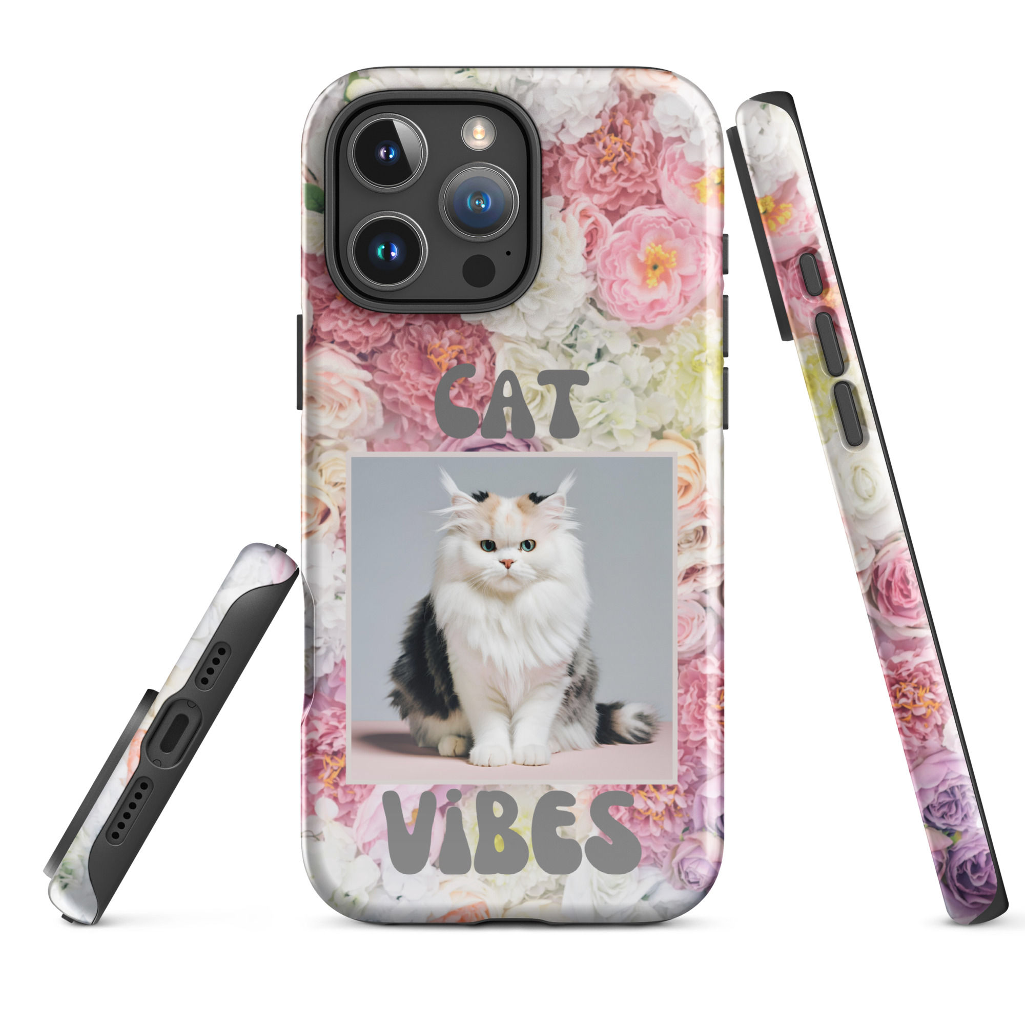 Tough Case for iPhone® Cat Vibes Multicolor Cat w/ Retro Paper Flower Background