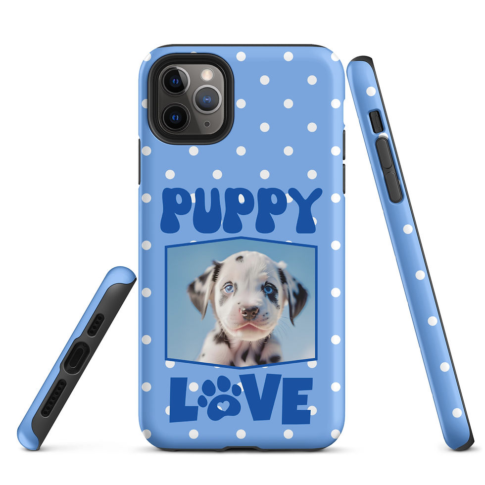 Thumbnail: Tough Case for iPhone® Puppy Dalmatian Love with Blue Polka Dot Background