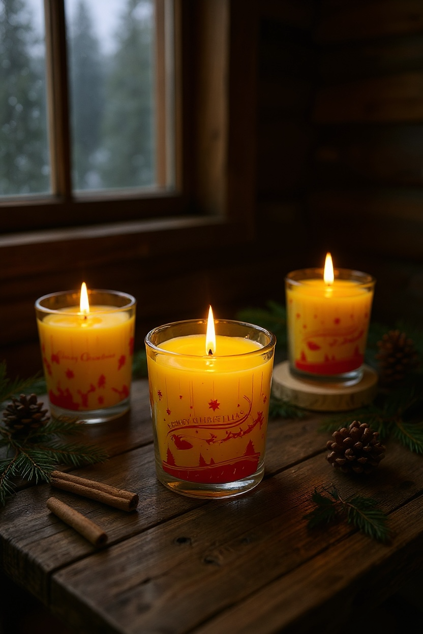 Thumbnail: Lit 7 oz Christmas Season BeesWax Candles with Merry Christmas text on them.