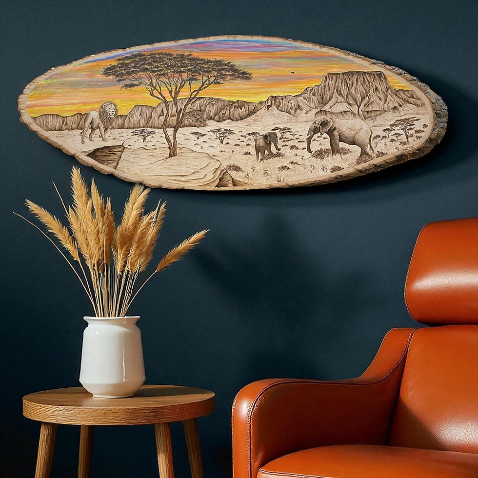Thumbnail: African Sunset wood art showcased in at the third staged setting