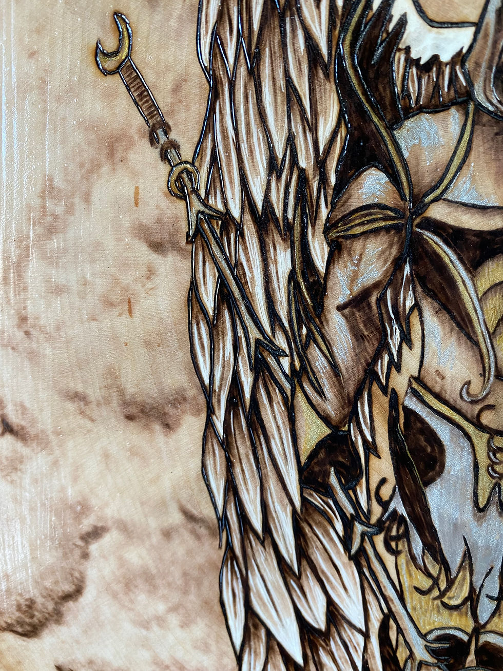 Thumbnail: Wood-burned art: winged figure with wrench