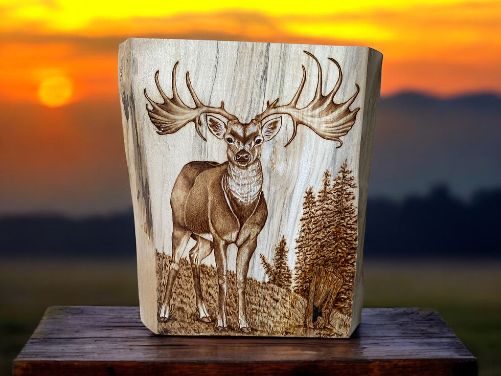 Thumbnail: Wood carving of majestic deer at sunset