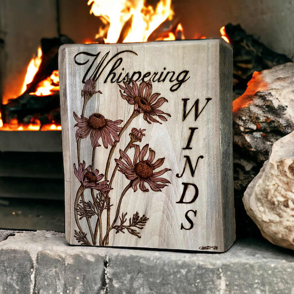 Wood block with 'Whispering Winds' and floral woodburning