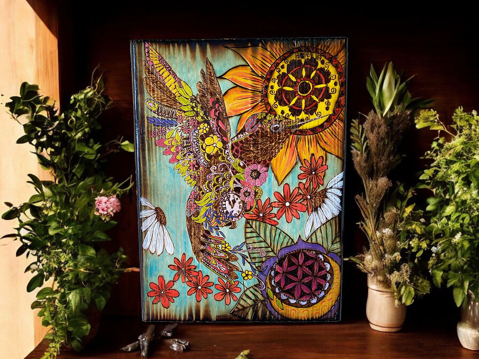 Whimsical hummingbird wood burning art with sunflower and flowers