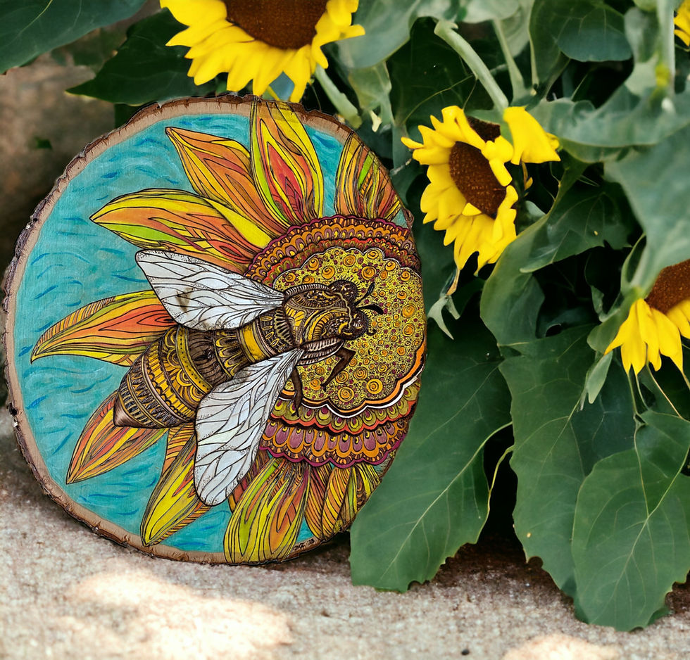 Intricate bee on sunflower wood art