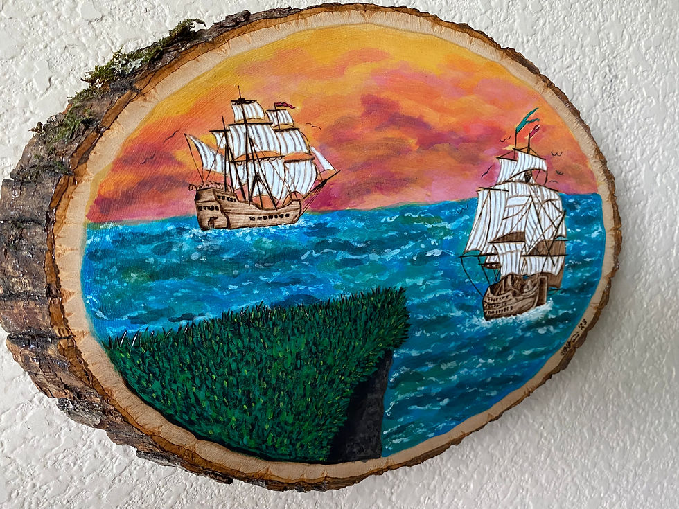 Thumbnail: Sunset painting of two sailing ships on wood slice
