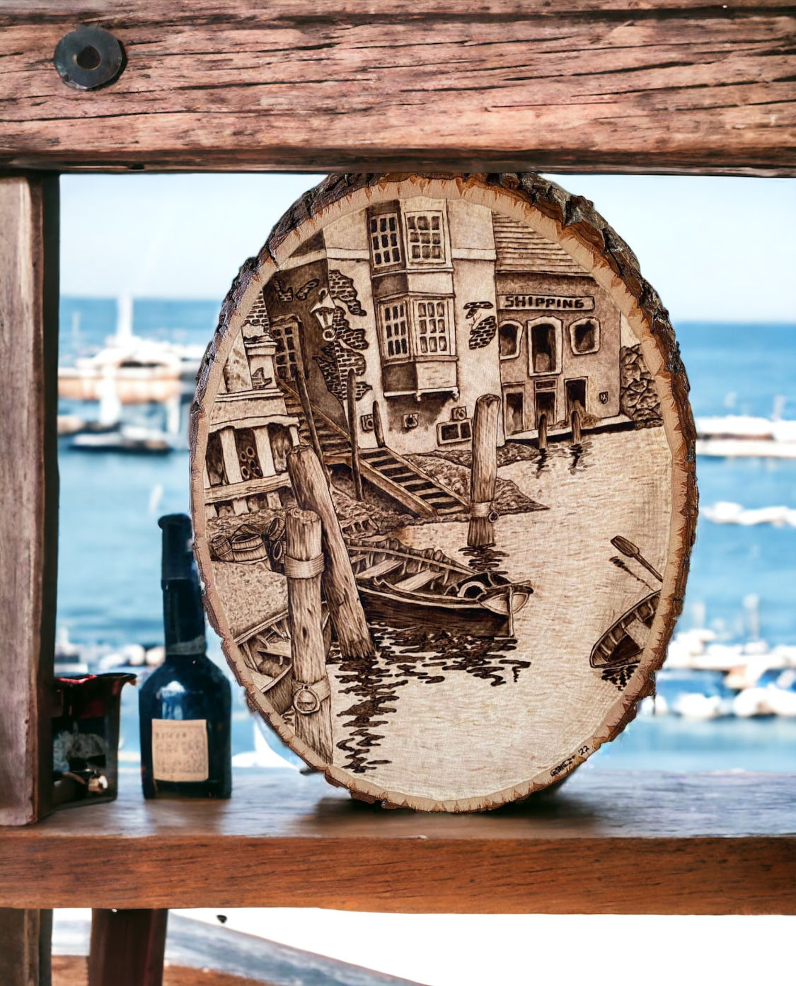 Wood-burned canal scene with boats, SHIPPING sign