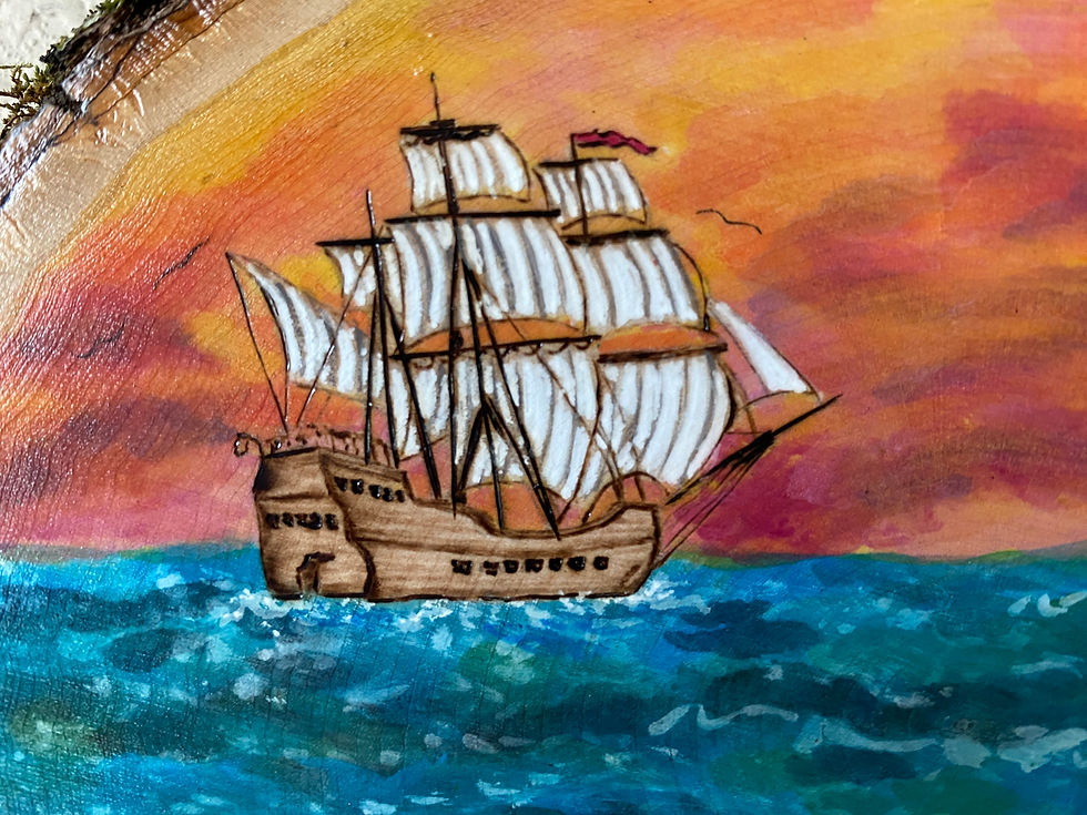 Thumbnail: Wooden painting of sailing ship at sunset