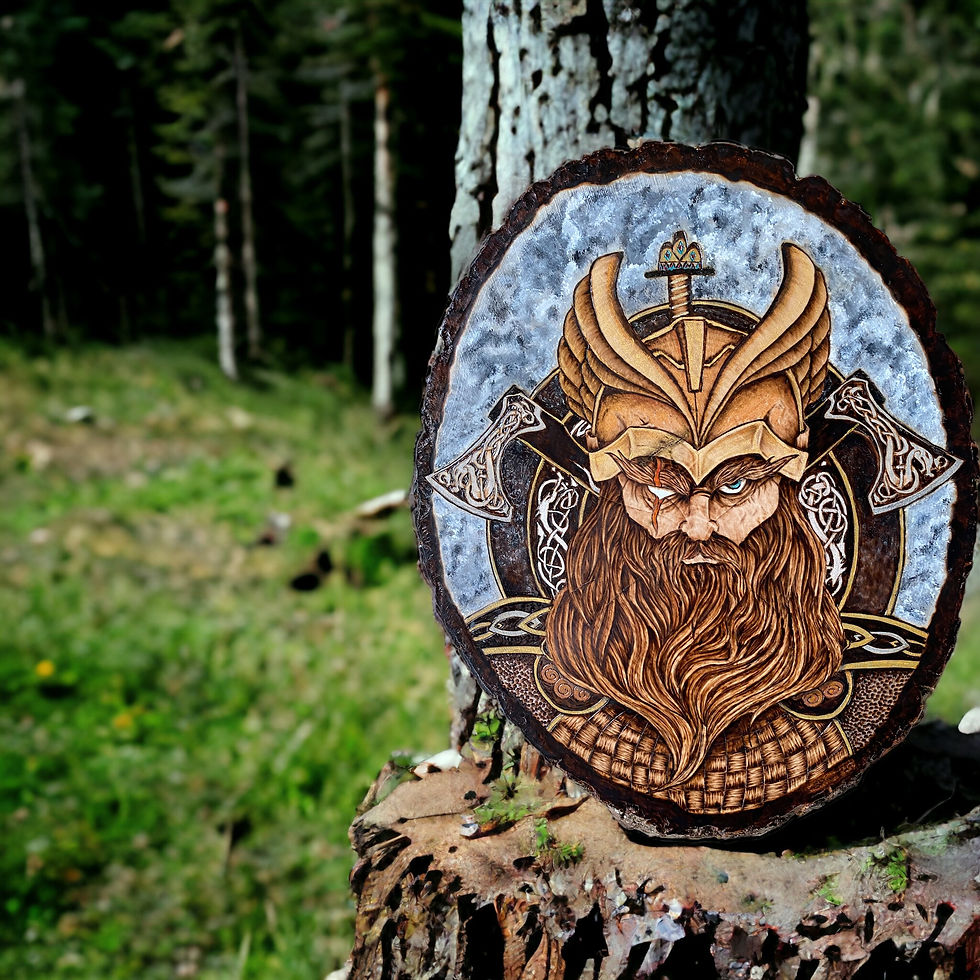 Thumbnail: Woodburned Viking warrior portrait, axes, helmet, forest background