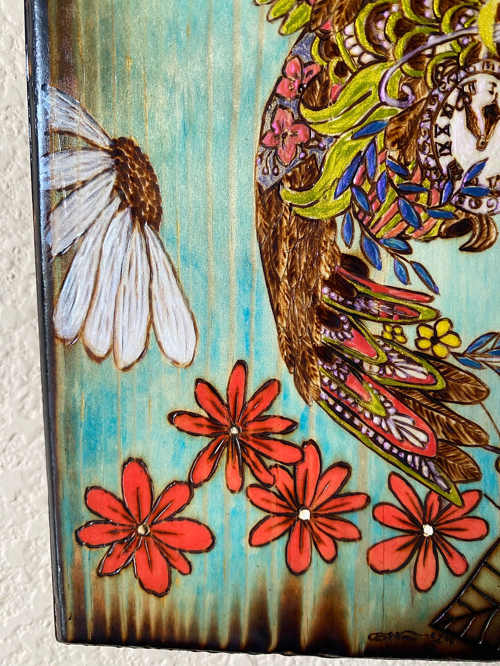 Thumbnail: Whimsical wood art: flowers, clock, bird design.