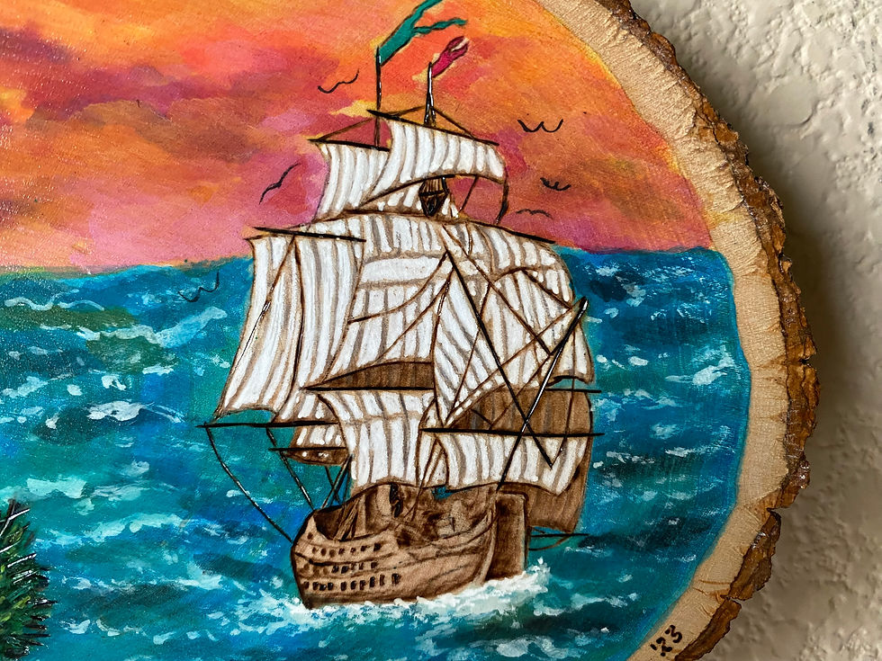 Thumbnail: Wooden painting of a ship sailing on a teal sea under an orange sunset