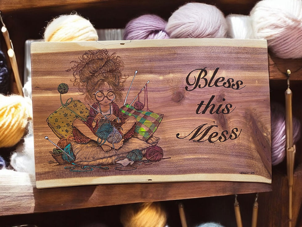 Thumbnail: Wooden sign: girl knitting, "Bless this Mess".