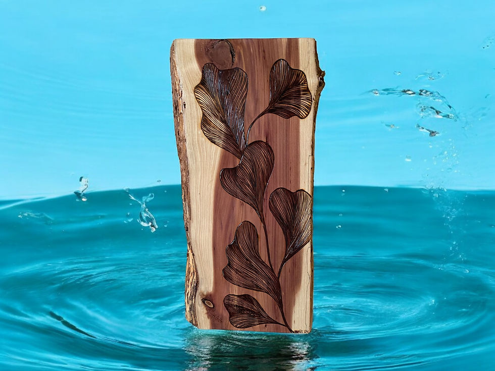 Thumbnail: Wooden board with leaf design floats on water