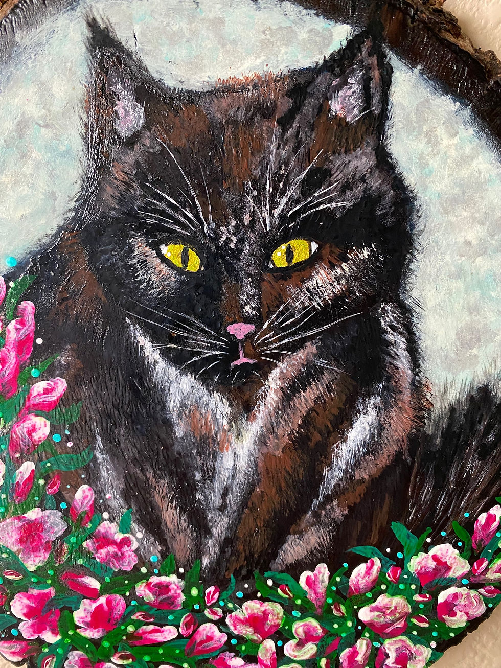 Thumbnail: Painting of a long-haired black cat among pink flowers