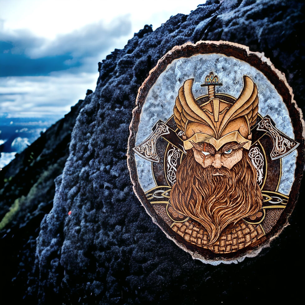 Thumbnail: Intricate wood carving of a Viking warrior, axe details, majestic mountain backdrop