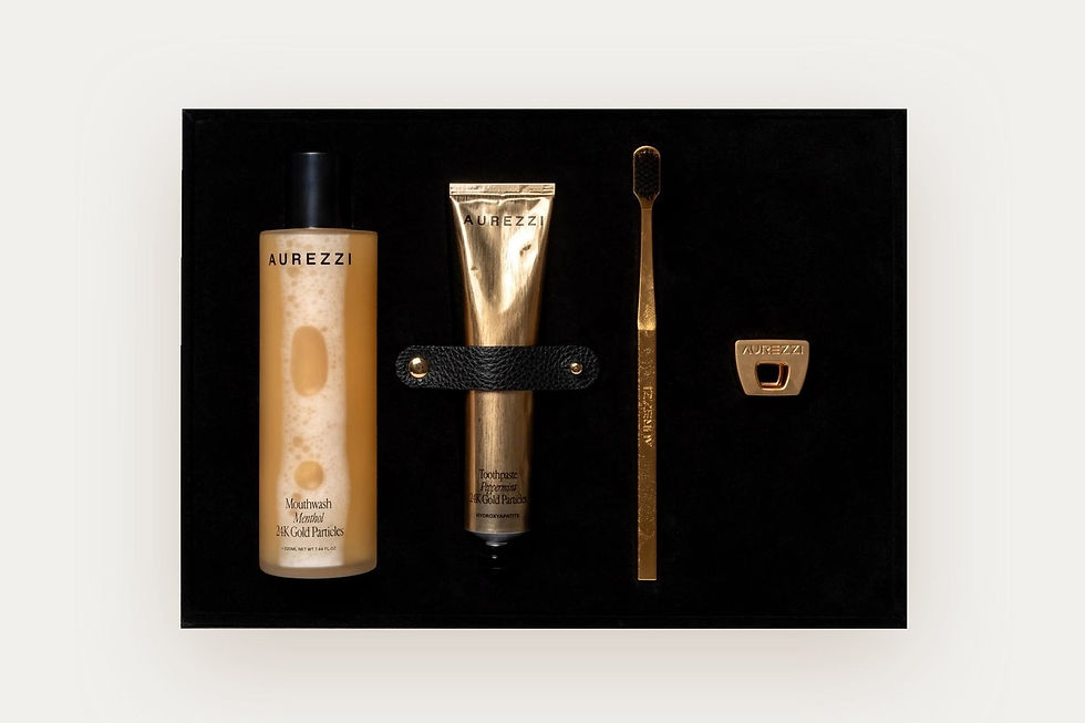 Aurezzi 24K gold gift box with mouthwash, toothpaste, toothbrush and stand