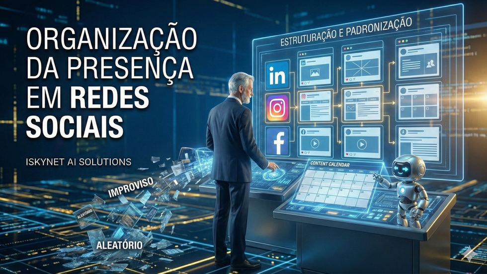 Organização estratégica da presença em redes sociais com padronização visual, linguagem coerente e posicionamento digital.