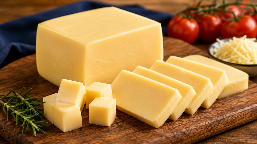 Pedaços e cubos de queijo prato sobre tábua de madeira, da NB Queijos, fornecedor de queijo prato em São Paulo