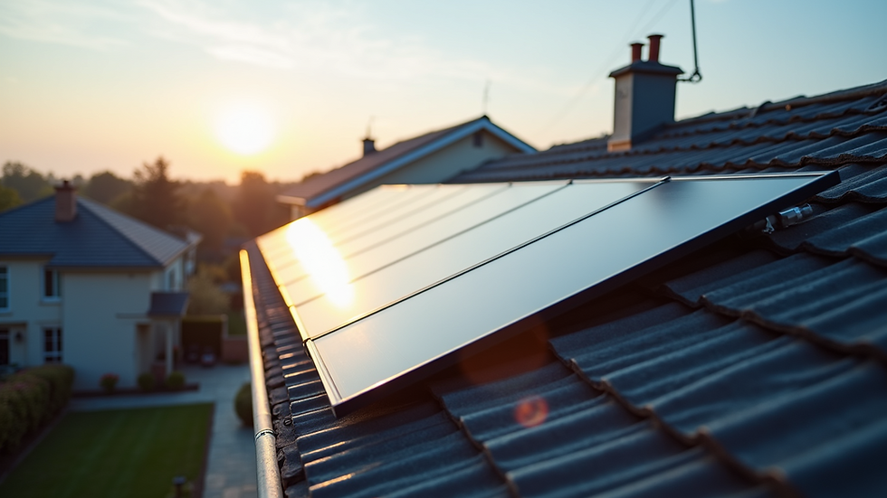 Wide angle view of a solar panel installation on a residential roof