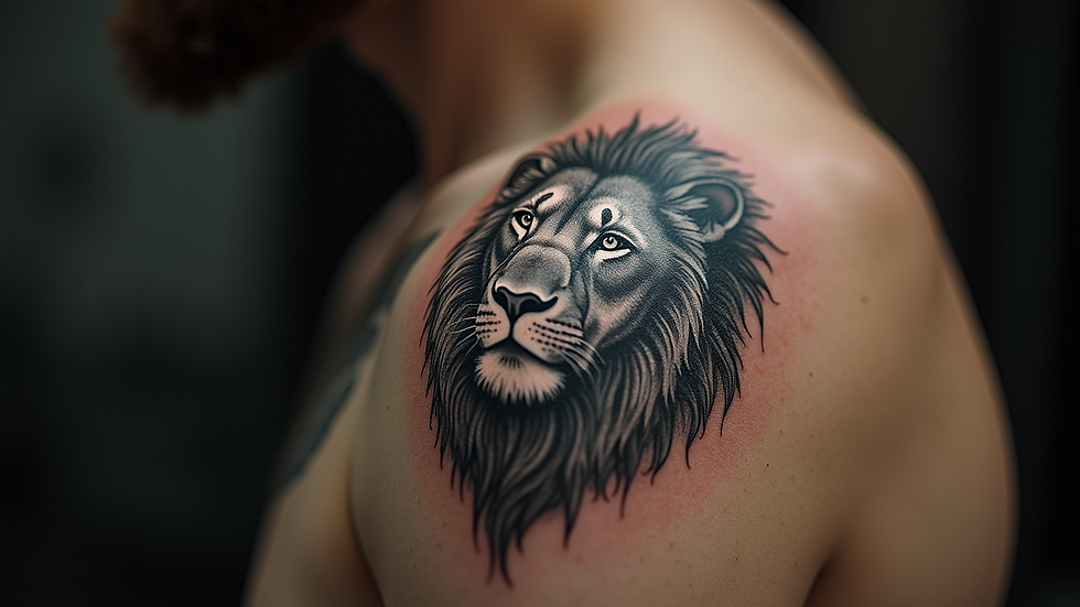 Close-up view of a realistic tattoo of a lion on skin