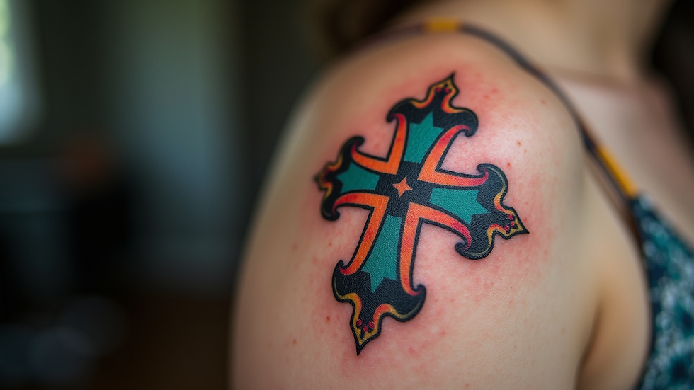 Close-up view of a colorful Maltese cross tattoo on skin