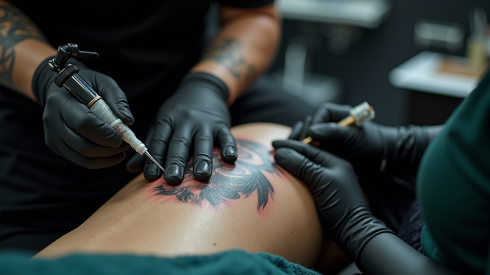 Eye-level view of a tattoo studio with a realism tattoo in progress