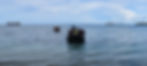 People ride in small boats on a calm blue sea, with cargo and naval ships on the horizon under a cloudy sky.