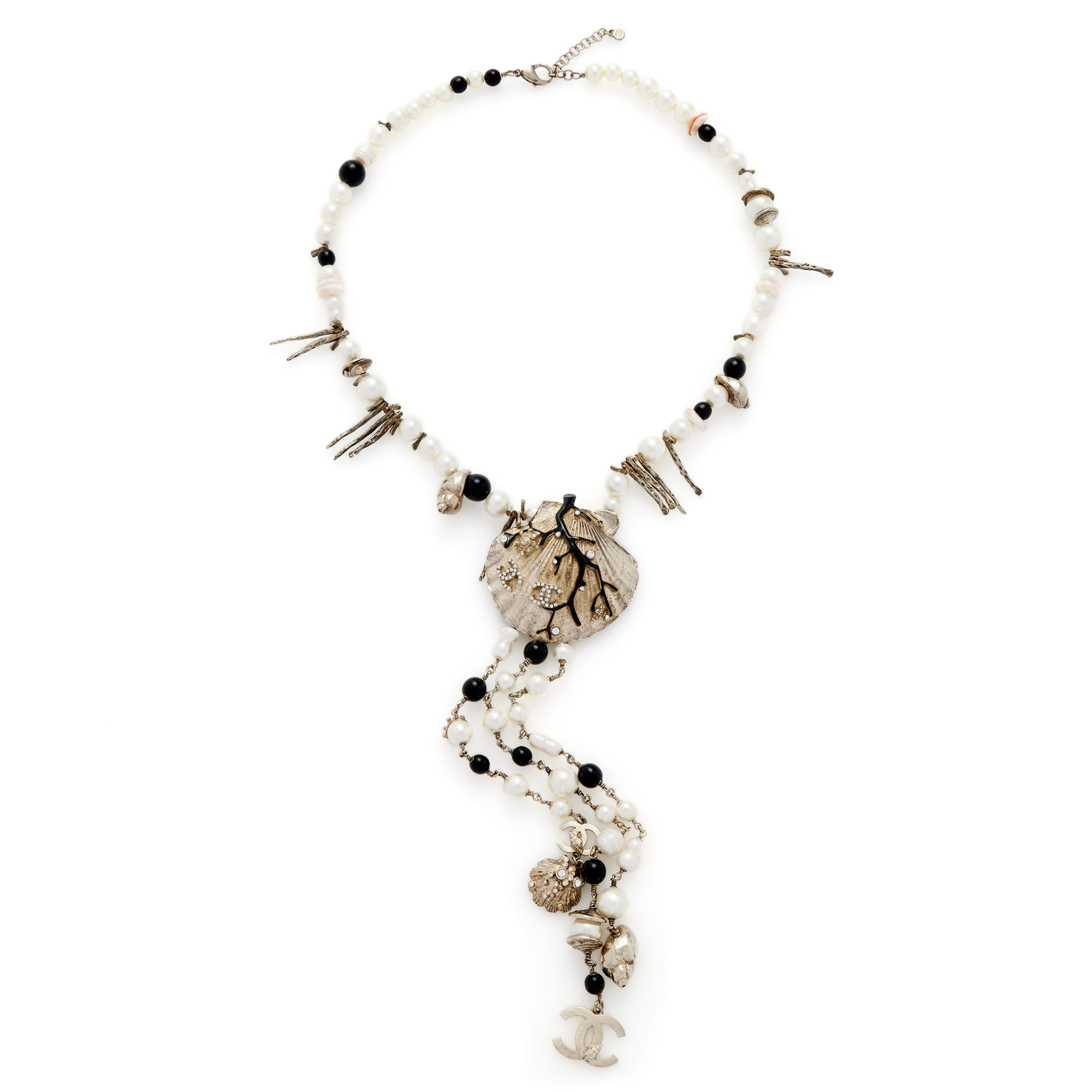 Chanel Gold Metal, Imitation Pearl, Shell & Strass Seashell Pendant Necklace, 20