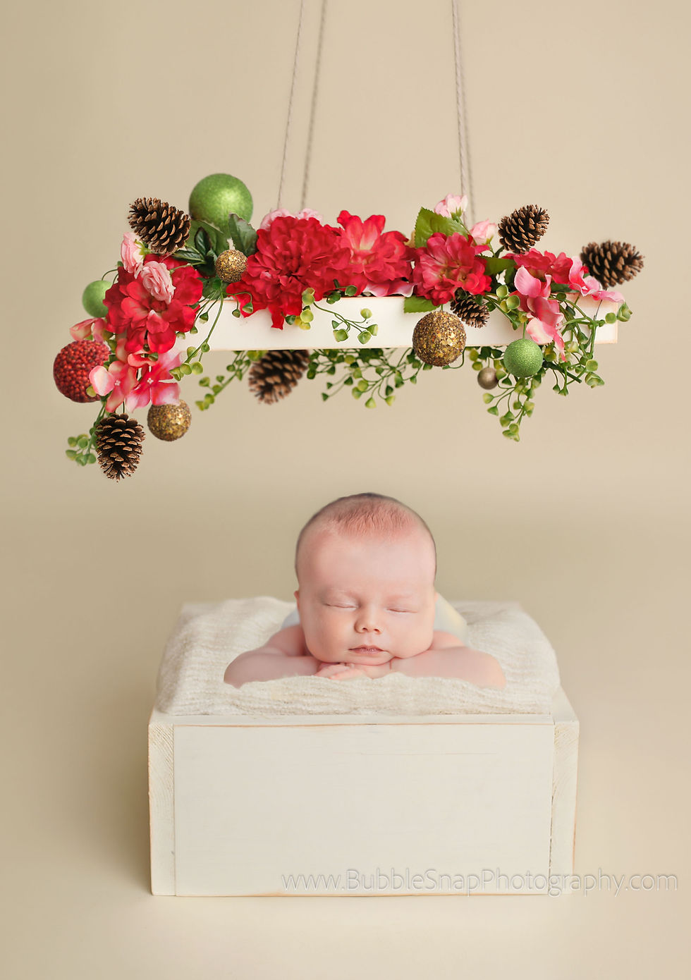composite image of newborn baby sleeping under a floral holiday arrangement