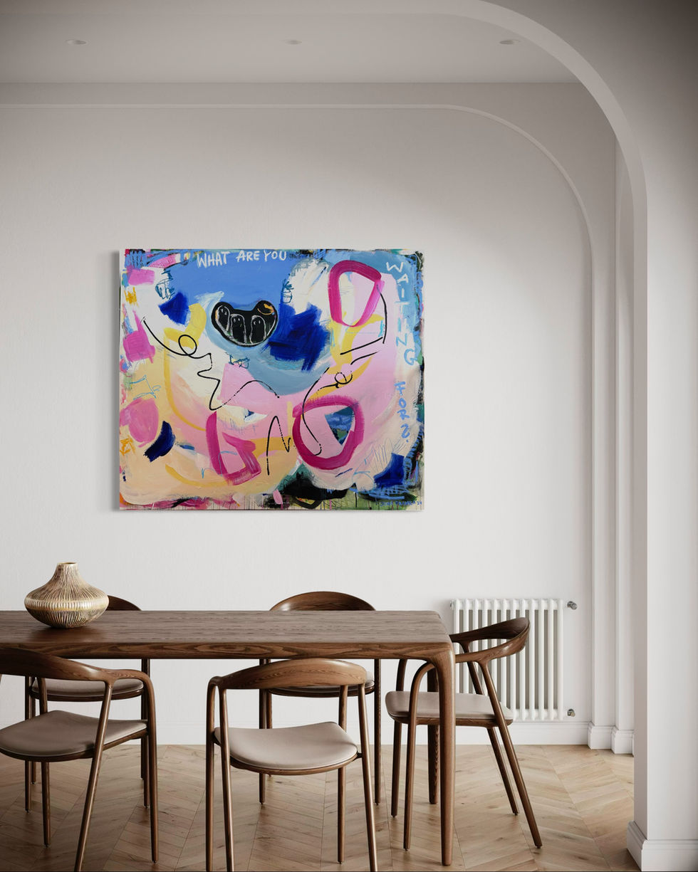 Three playful ghost-like figures in a bold, urban abstract artwork — full of energy and encouragement.