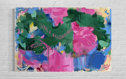 Bright abstract painting in pink, blue, and green with a small boat in the corner — symbolizing the journey of realizing one'