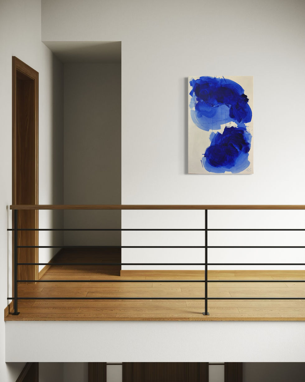Minimalist painting in ultramarine blue on white canvas, abstract expressionism; evokes the feeling of fresh starts