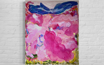 An abstract painting with flowing pink strokes and a large blue bird, symbolizing the unstoppable force of love.