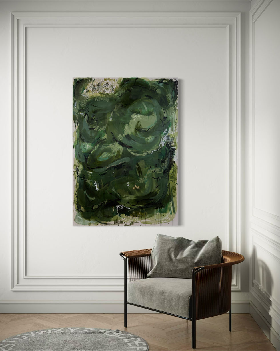 Abstract green-toned painting inspired by forest bathing, evoking calm and natural stillness through layered hues and gentle