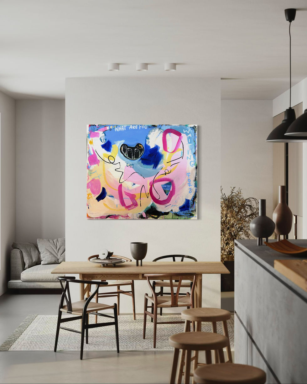 Three playful ghost-like figures in a bold, urban abstract artwork — reminding the viewer to chase their dreams.