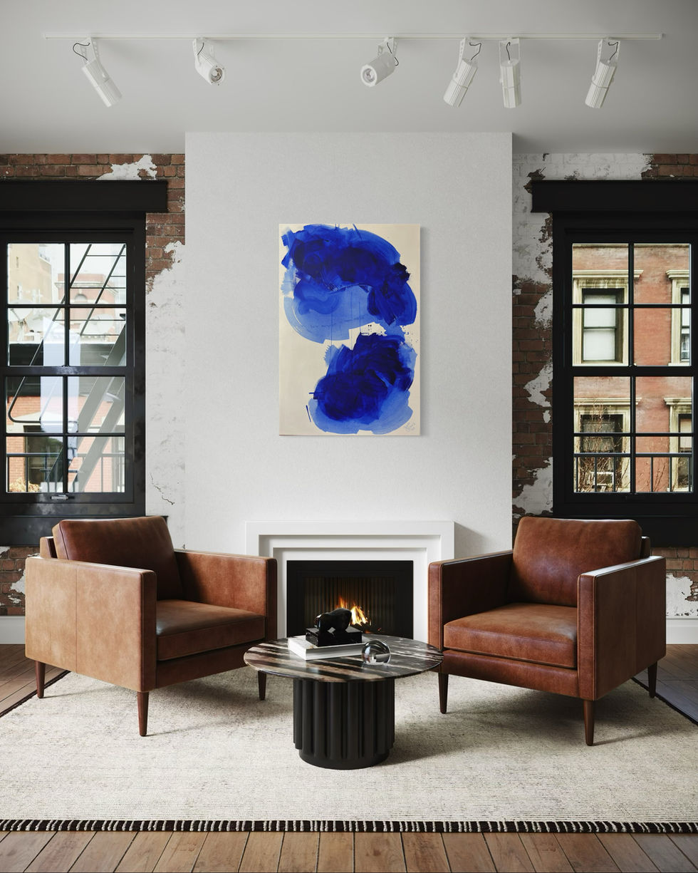 Minimalist painting in ultramarine blue on white canvas, abstract expressionism; evokes the feeling of fresh starts