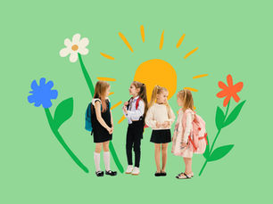 Four school girls chatting on a green background with cartoon sun and flowers