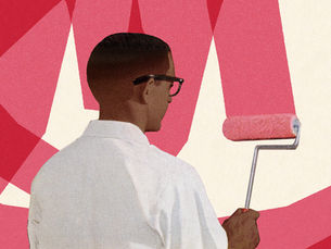 Stylised image of a man painting pink lines with a paint roller