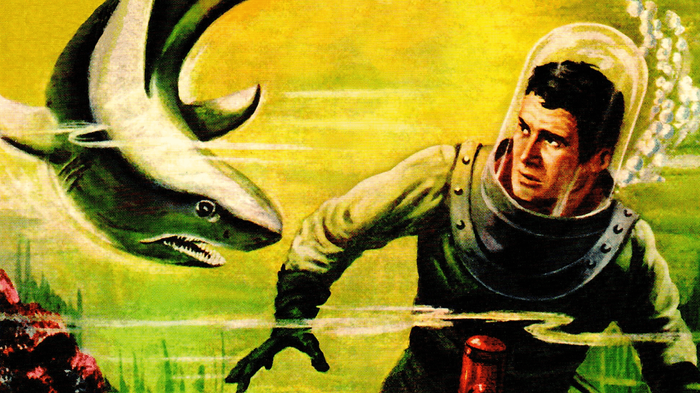 Illustration of a man in a old diving suit next to a shark
