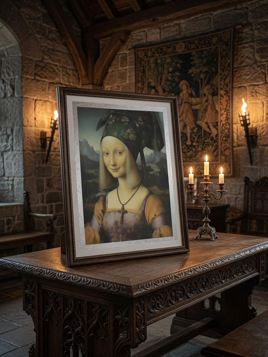 Portrait of "Christine de Pizan", Watercolor on Paper, 30" x 22", by artist Eric Buechel, Installation ai generated.