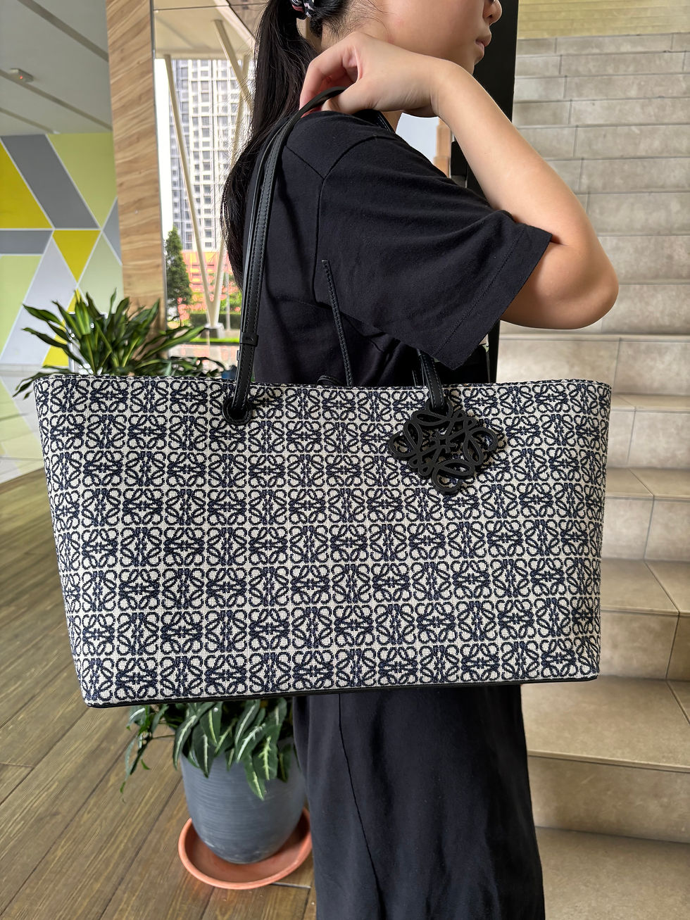 Thumbnail: Loewe Square Anagram Jacquard and Leather Tote Bag Large