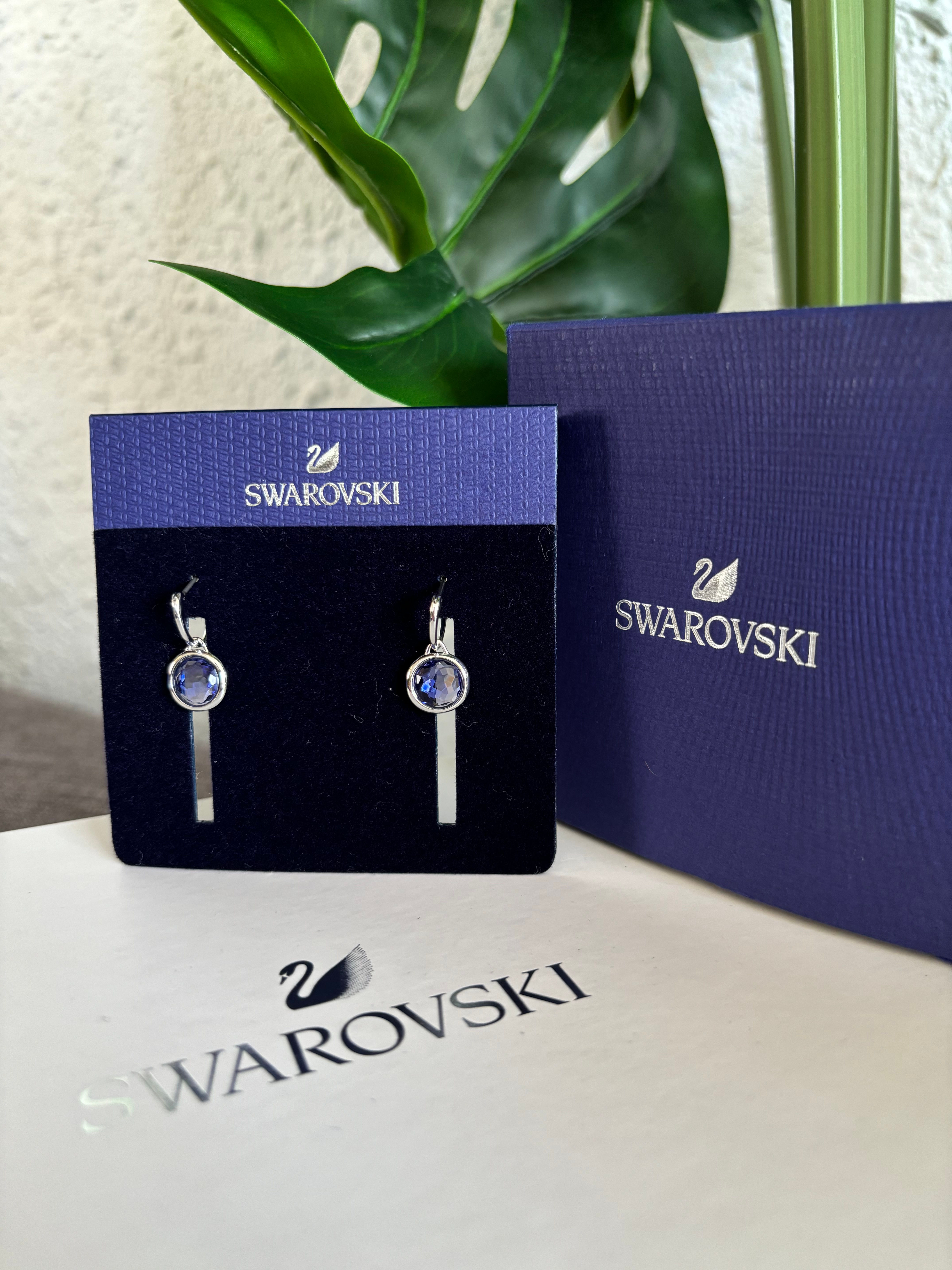 Swarovski Tahlia hoop earrings Round, Blue, Rhodium plated 5572586