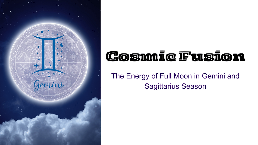 The picture is of the blog banner that has a graphic of a bright Full Moon hanging in the sky above bluish clouds with the Gemini symbol in the center on the lefts side and the words "Cosmic Fusion: The Energy of Full Moon in Gemini and Sagittarius Season" on the right side in black and purple with a white background.