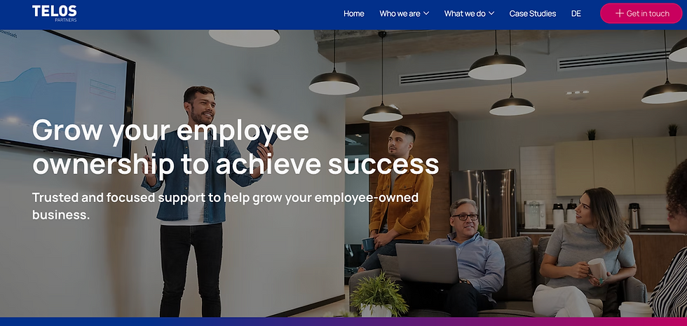 Website screen shot showing workplace team meeting in a modern lounge with headline text: Grow your employee ownership to achieve success.