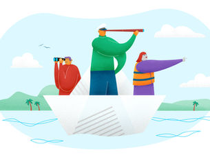Illustration of three people on a boat: one with a telescope, one with binoculars, one pointing. Blue sea, green hills and clouds in the background.